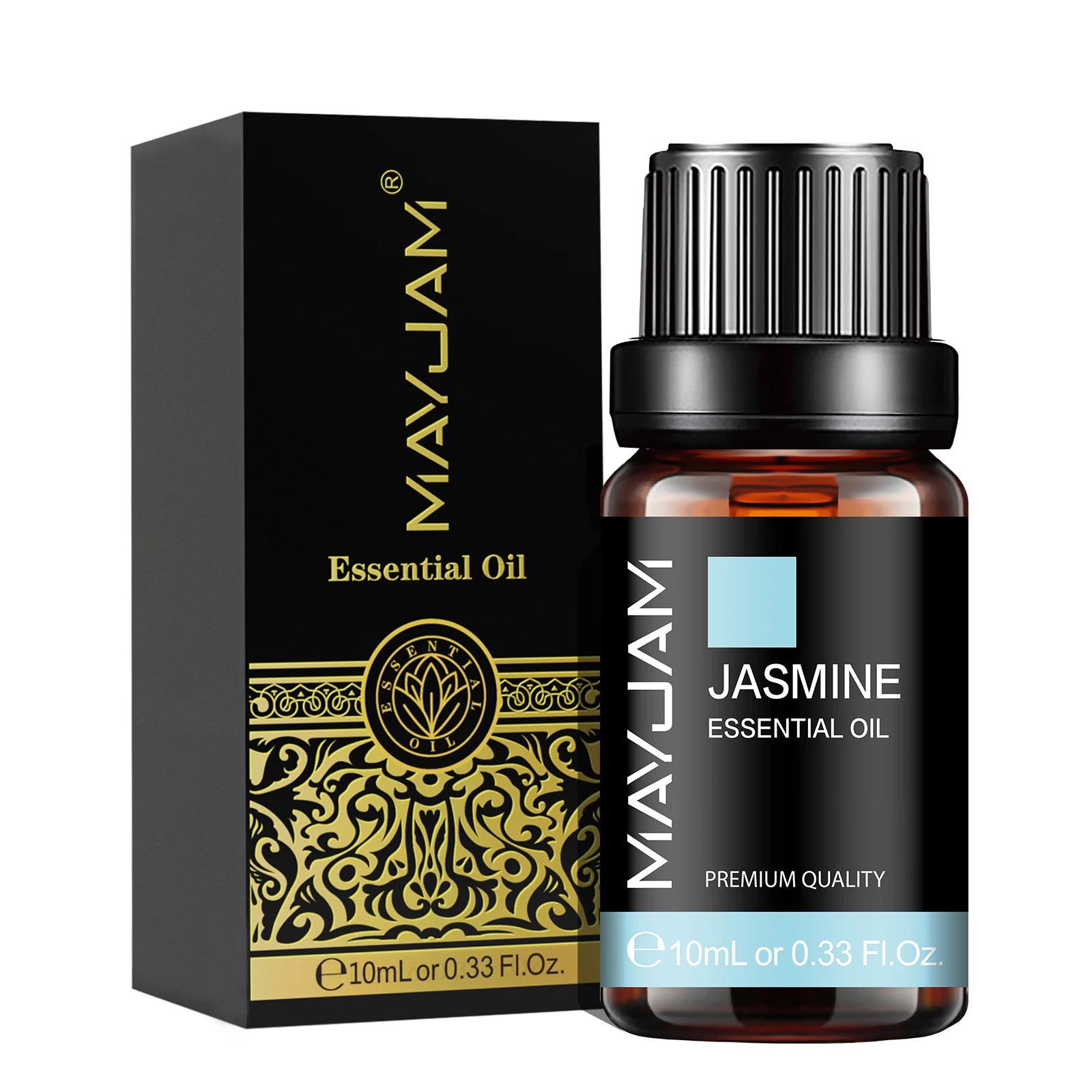 MAYJAM Jasmine essential oil bottle and packaging on a white background
