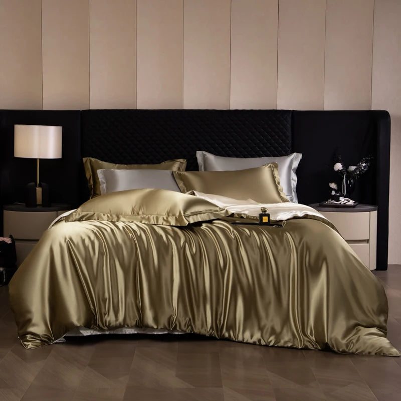 Bedroom with gold satin bedding and striped wallpaper