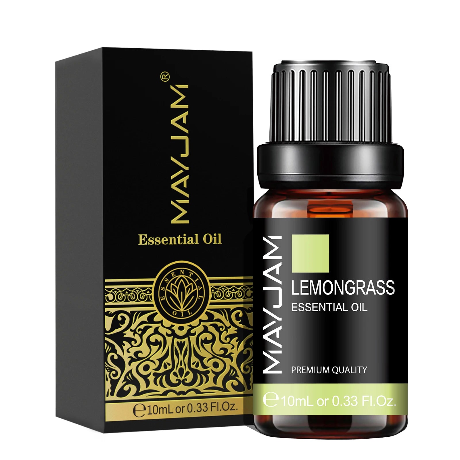 MayJam Lemongrass essential oil bottle and packaging on a white background