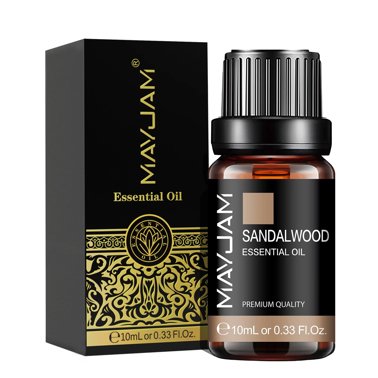 Sandalwood essential oil bottle and packaging with 'MAYUJAM' branding on a white background