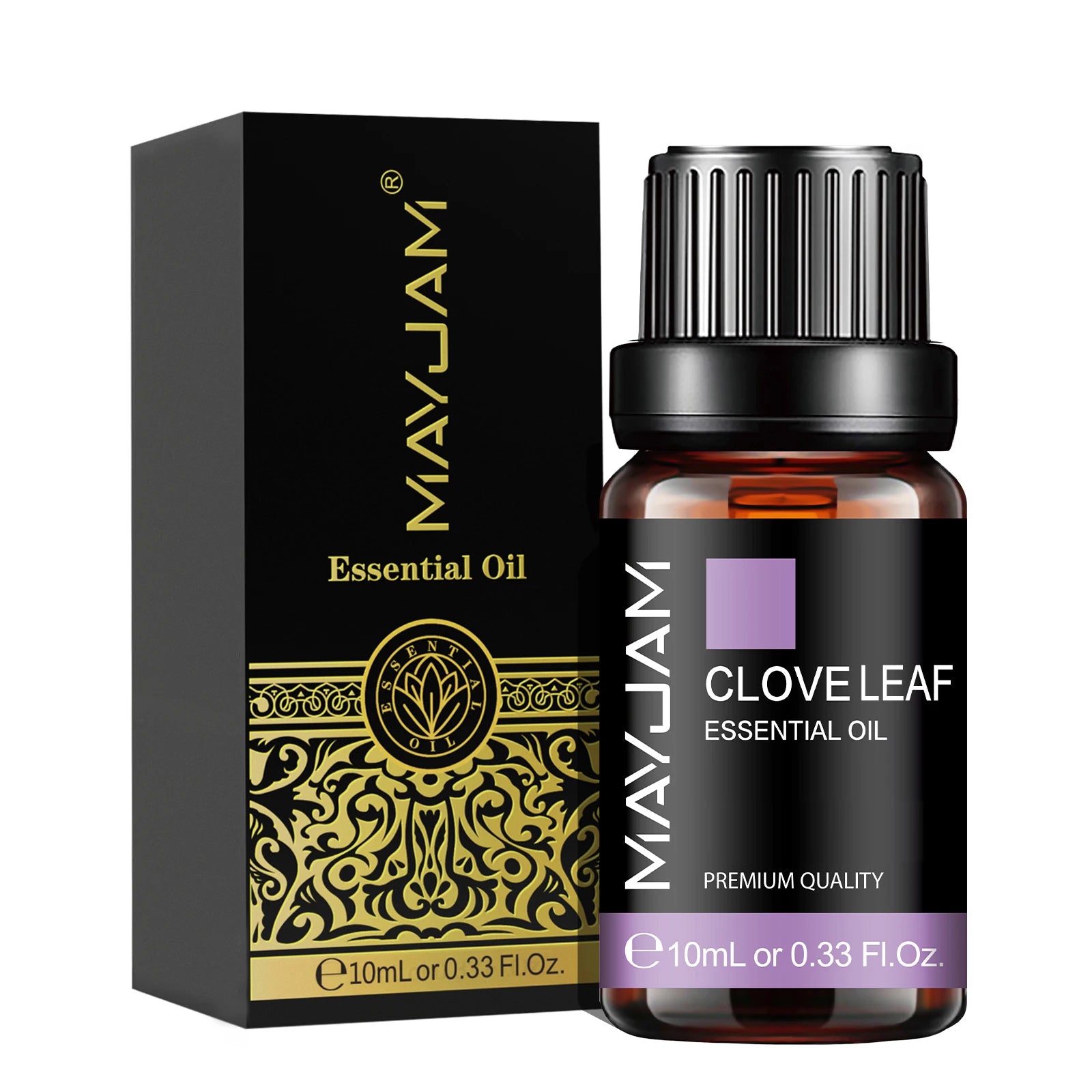 MayJam Clove Leaf essential oil bottle and packaging on a white background