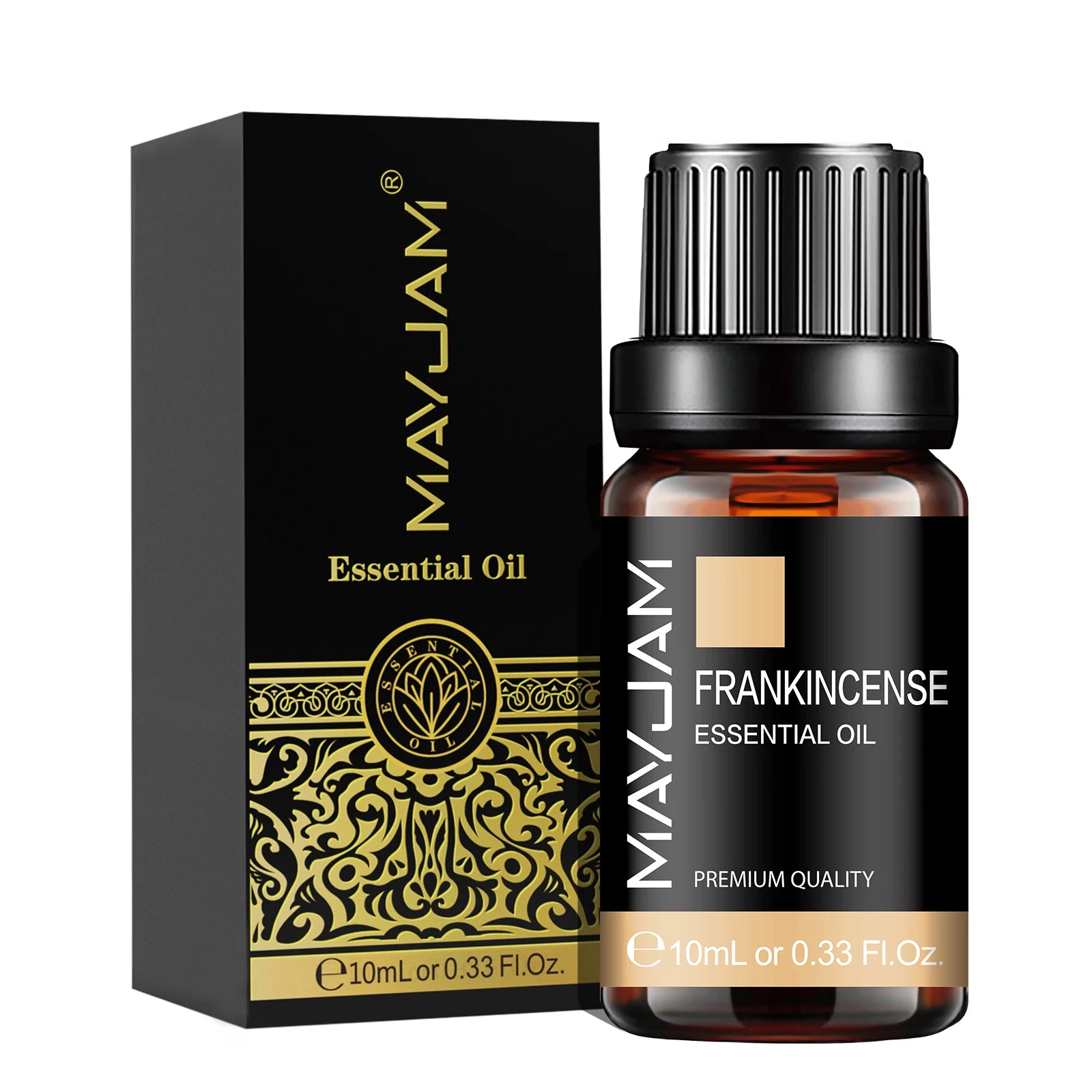 MayJam Frankincense Essential Oil bottle and packaging on a white background
