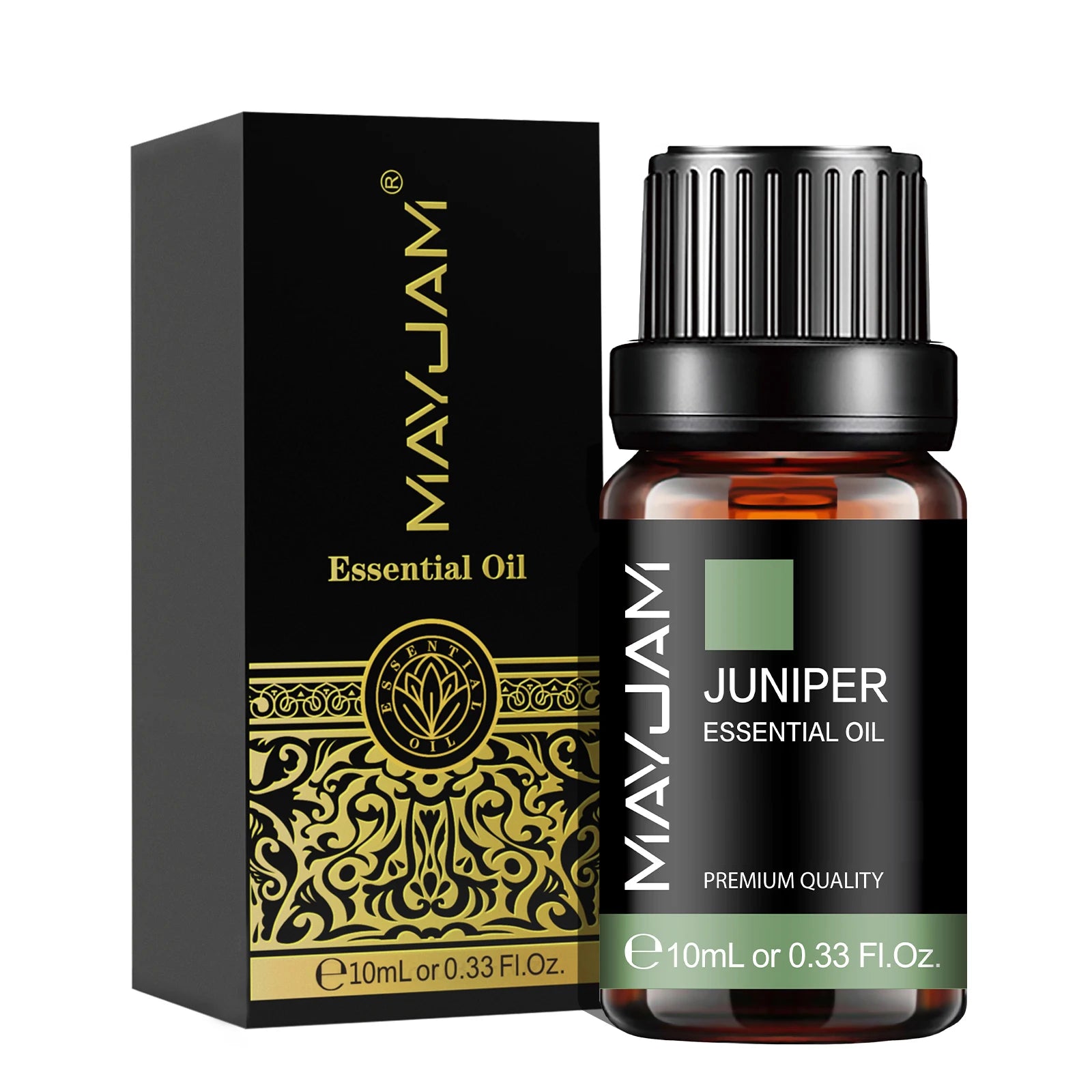 MayJam Juniper Essential Oil bottle and packaging on a white background