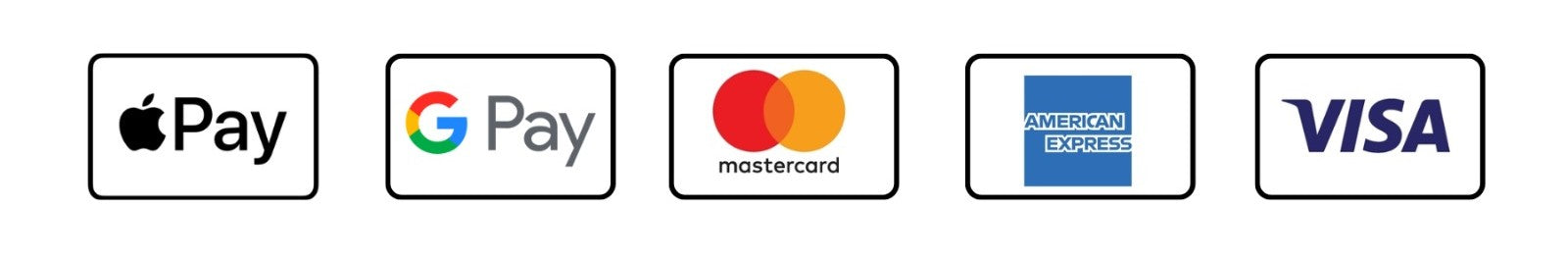 Logos of Apple Pay, Google Pay, Mastercard, American Express, and Visa arranged horizontally.