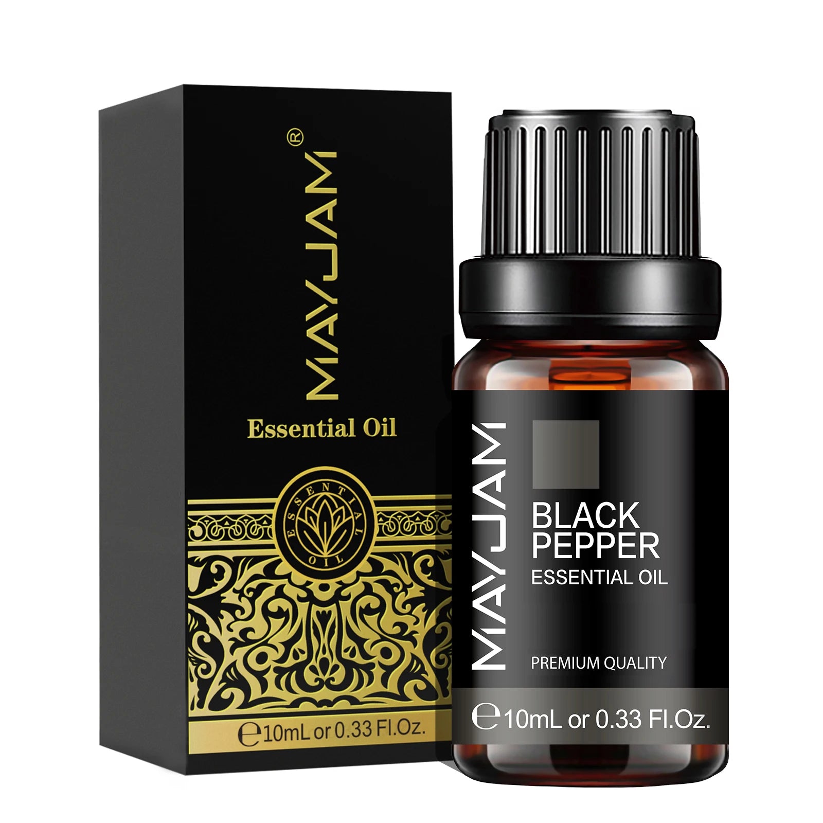 MAYUJAM Black Pepper Essential Oil bottle and packaging on a white background