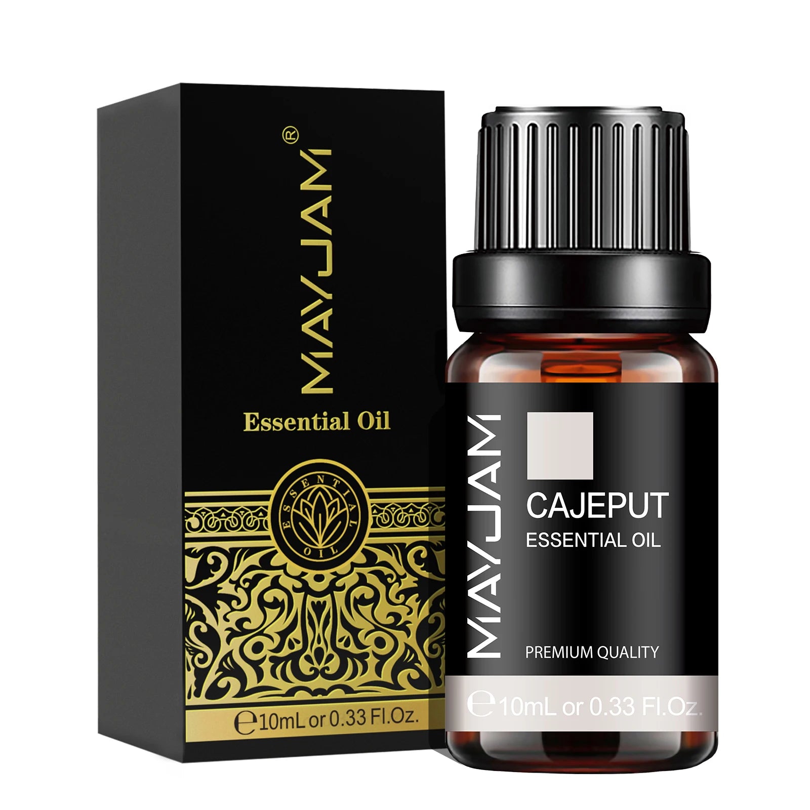 MayJam Cajeput essential oil bottle and packaging on a white background