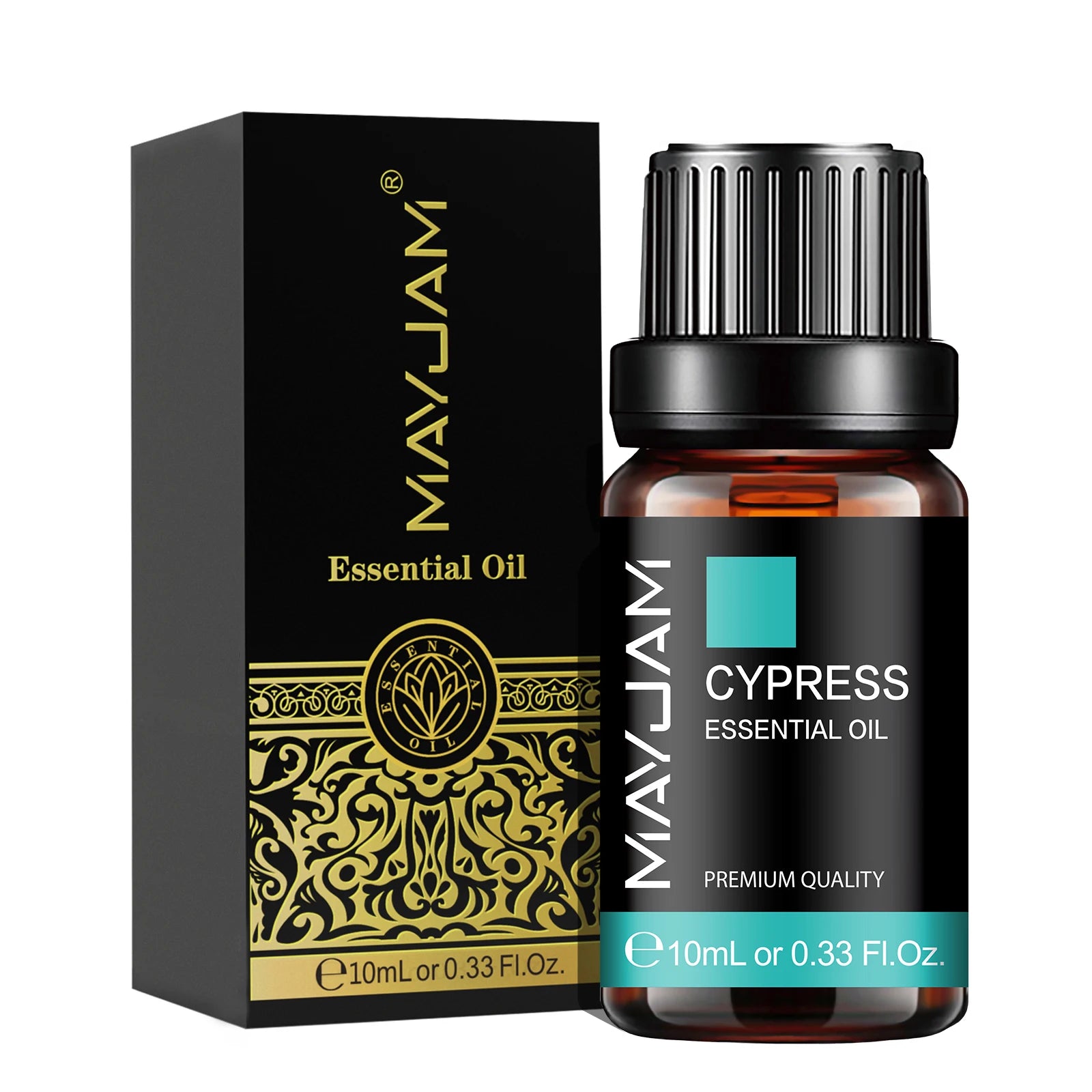 MayJam Cypress essential oil bottle and packaging on a white background