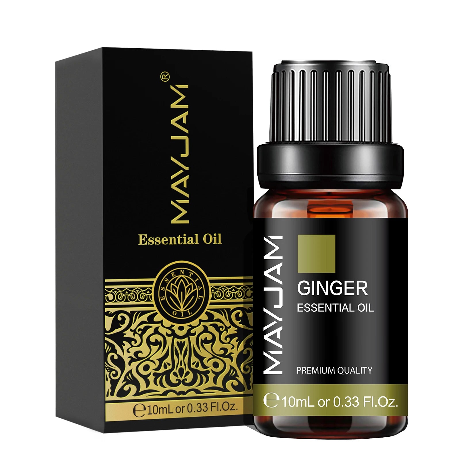 MAYUJAM Ginger Essential Oil bottle and packaging on a white background