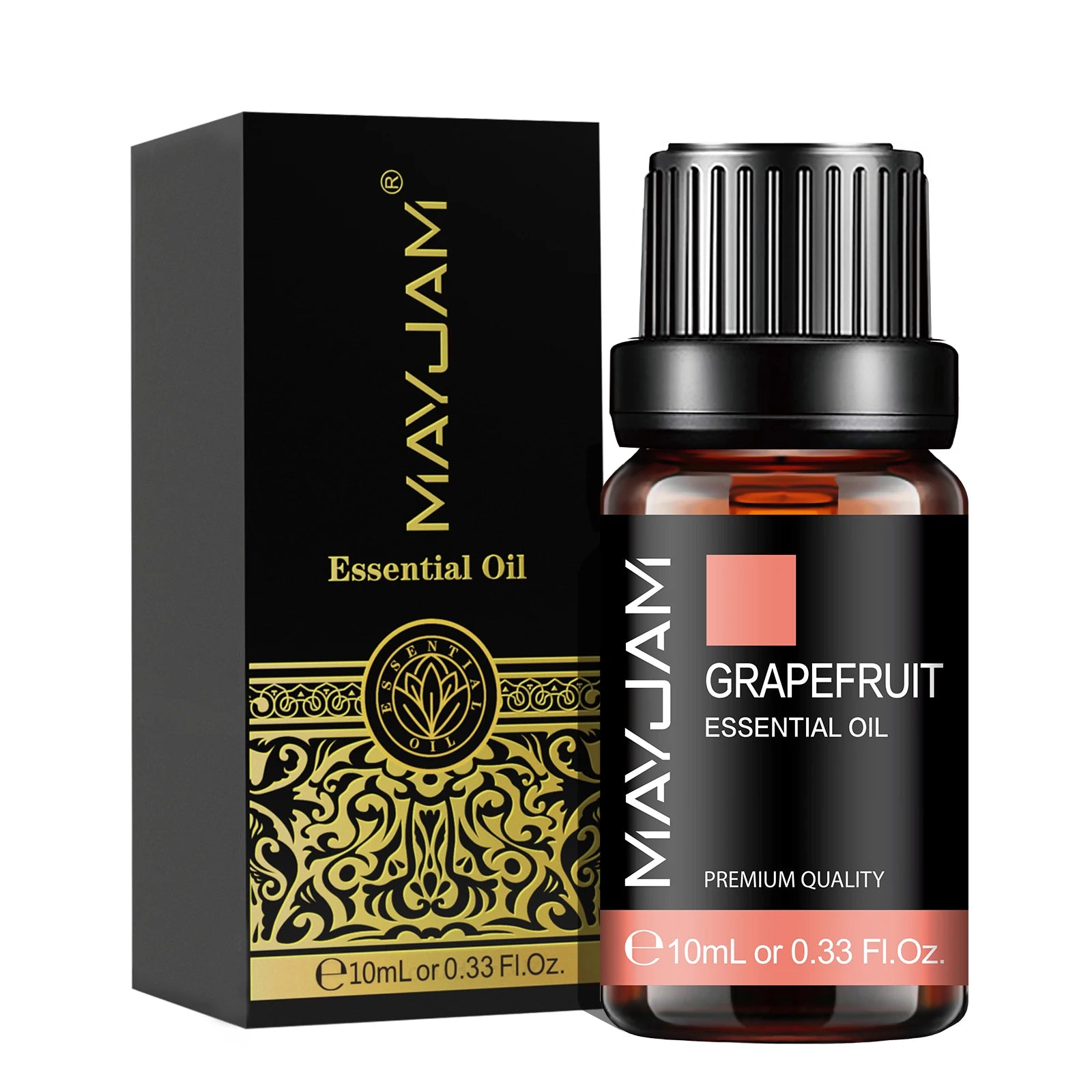 Grapefruit essential oil bottle and packaging with 'MAYJAM' branding on a white background