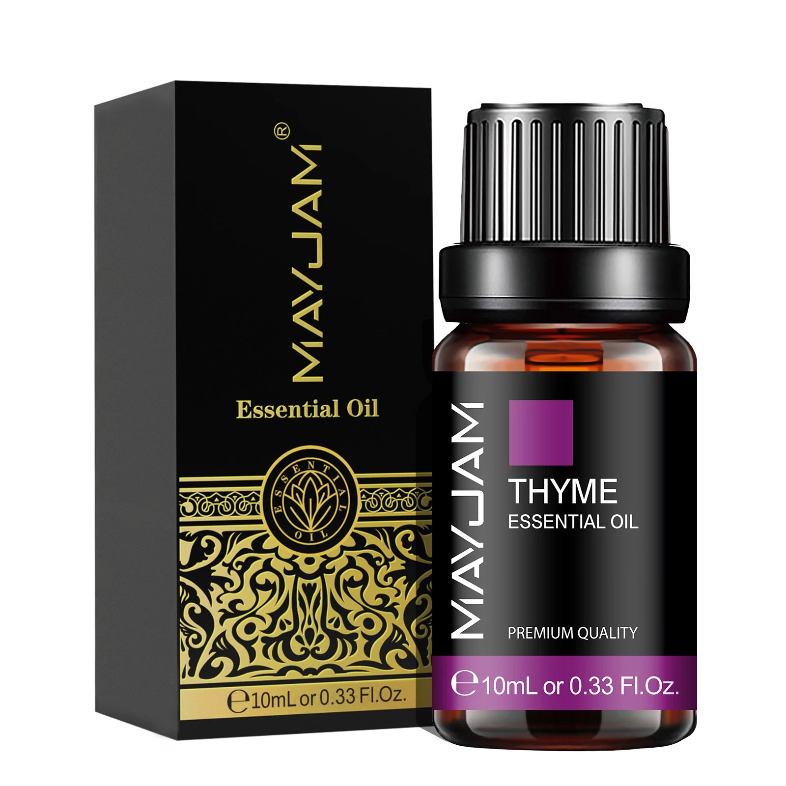 MayJam Thyme essential oil bottle and packaging on a white background
